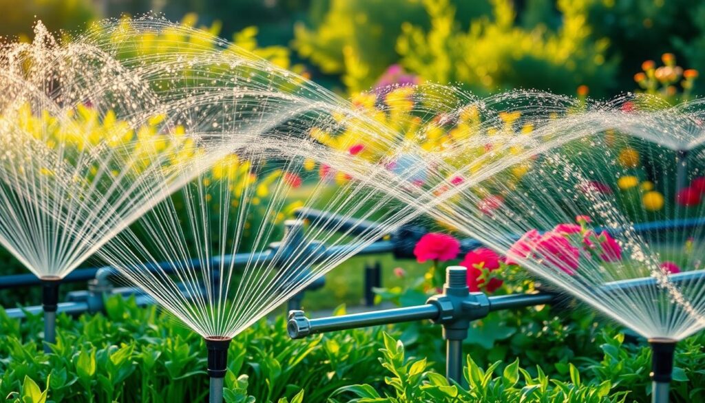 A lush, well-manicured garden with a focus on the irrigation system. In the foreground, a series of sprinklers are strategically placed, their water arcs creating a mesmerizing display. The middle ground features a network of pipes and valves, showcasing the intricate infrastructure that enables the efficient distribution of water. In the background, verdant foliage and vibrant flowers create a visually appealing and harmonious landscape. The scene is bathed in warm, golden sunlight, conveying a sense of tranquility and the thoughtful design of the garden's watering system. The overall mood is one of a well-balanced, thriving outdoor space, where the integration of irrigation is seamless and integral to the garden's flourishing.