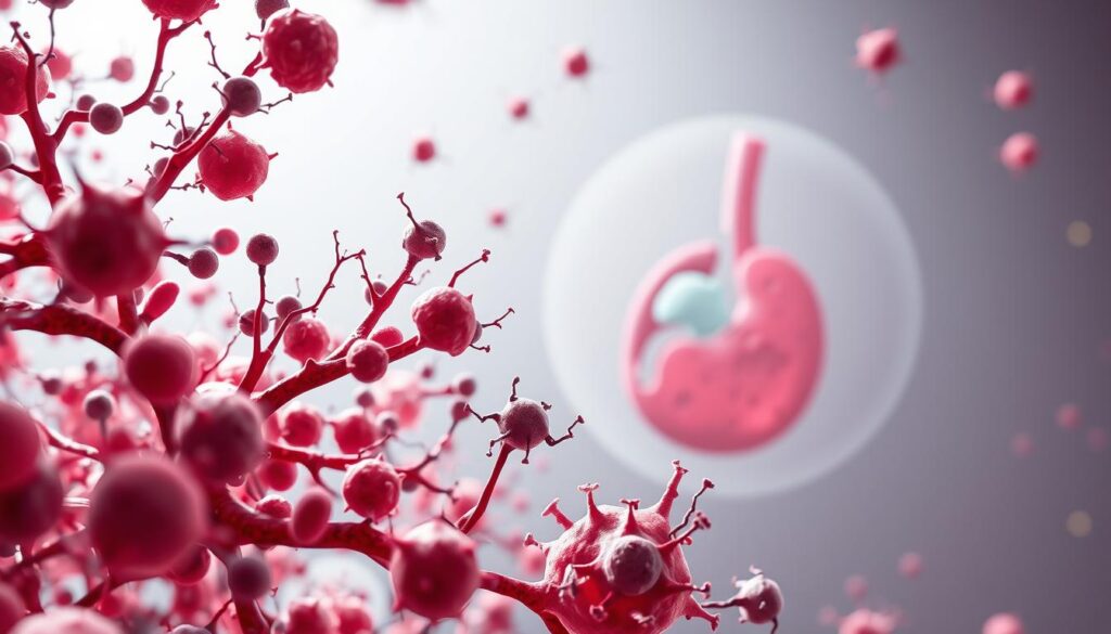 A close-up view of the human immune system, showcasing the intricate network of cells, tissues, and organs that work together to protect the body. In the foreground, a detailed illustration of lymphocytes, macrophages, and other immune cells, their shapes and functions meticulously rendered. In the middle ground, a cross-section of the lymph nodes, spleen, and thymus, their structures and interconnections clearly visible. In the background, a serene, minimalist backdrop, allowing the complexity of the immune system to take center stage. The lighting is soft and diffused, creating a sense of depth and dimensionality, while the overall composition conveys the delicate balance and resilience of the body's natural defense mechanisms.