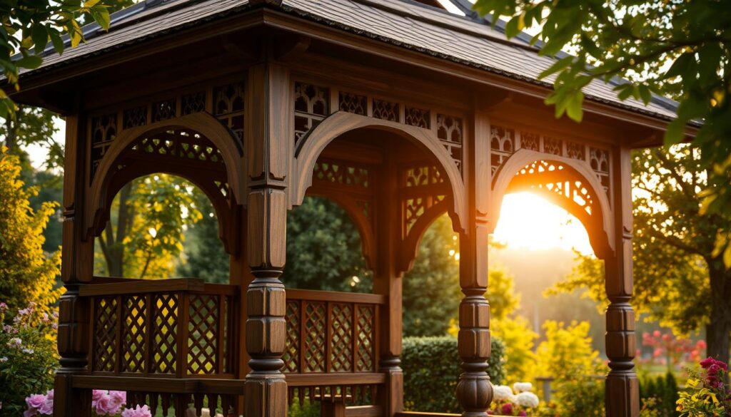 A detailed, expertly-crafted wooden garden gazebo stands prominently in the foreground, its intricate post-and-beam construction showcasing traditional craftsmanship. Delicate lattice panels and decorative trim adorn the structure, creating a visually captivating and inviting atmosphere. The gazebo is situated in a lush, verdant garden setting, with flowering plants and trees providing a natural, serene backdrop. Warm, diffused sunlight filters through the structure, casting a soft, golden glow and accentuating the warm tones of the weathered wood. The overall composition conveys a sense of timeless elegance and the perfect integration of the built structure within the natural landscape.
