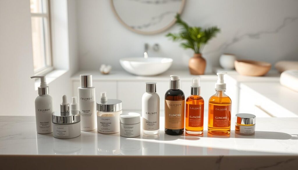 A serene and calming skincare scene. In the foreground, an array of high-quality skincare products are neatly arranged on a marble countertop, casting soft shadows. The middle ground features a minimalist bathroom setting with a porcelain sink and clean, natural lighting filtering in through a window. In the background, subtle textures of natural stone and wood create a soothing, spa-like atmosphere. The overall mood is one of tranquility and wellness, inviting the viewer to engage in a daily skincare ritual that promotes healthy, radiant skin.