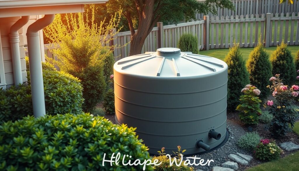 A sleek, modern rainwater harvesting system nestled amidst lush greenery. In the foreground, a sturdy downspout channels water from the roof into a sizable, above-ground storage tank with a smooth, matte finish. Surrounding the tank, verdant shrubs and flowering plants create a harmonious, natural setting. In the middle ground, the tank's inlet and outlet valves are visible, showcasing the system's efficient plumbing. The background features a neatly maintained lawn and a picturesque wooden fence, conveying a sense of order and tranquility. Warm, diffused sunlight bathes the scene, lending a serene, inviting atmosphere to this self-sustaining, eco-friendly home water solution.