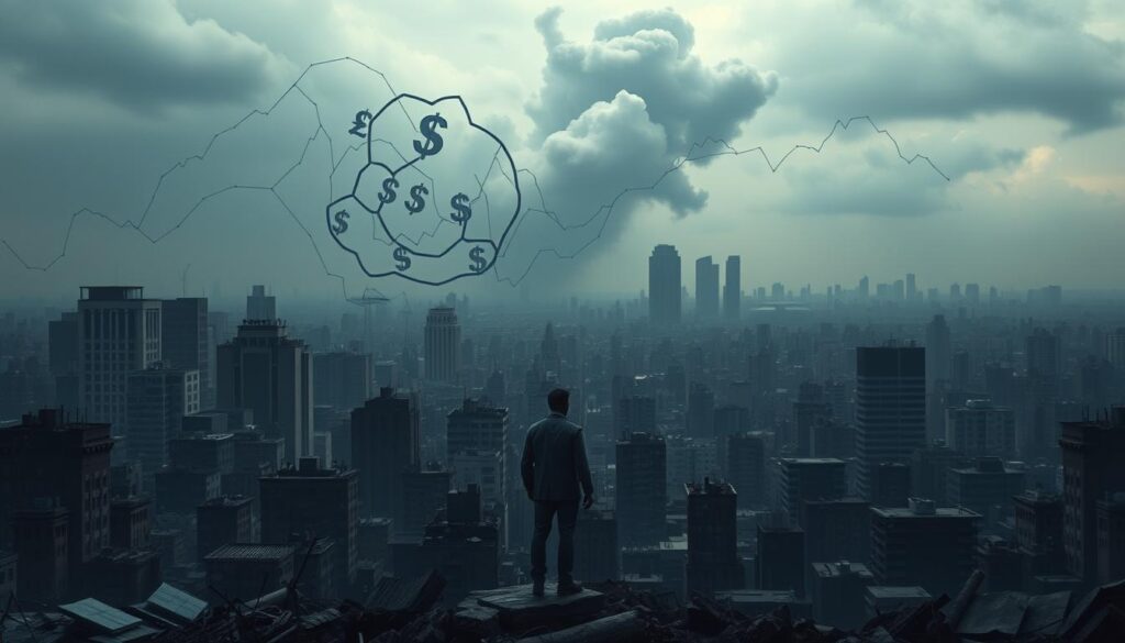 A somber cityscape, bathed in muted tones and heavy shadows, conveying a sense of financial turmoil. In the foreground, a lone figure stands amidst a sea of crumbling buildings, their posture reflecting the weight of economic distress. The middle ground is dominated by a tangled web of currency symbols and stock market graphs, hinting at the complexities of the financial crisis. In the distant background, a looming, ominous cloud casts an ominous shadow over the entire scene, symbolizing the uncertainty and impending doom that accompanies such economic upheaval. The overall atmosphere is one of unease, tension, and the pressing need for resilience and adaptation in the face of financial hardship.