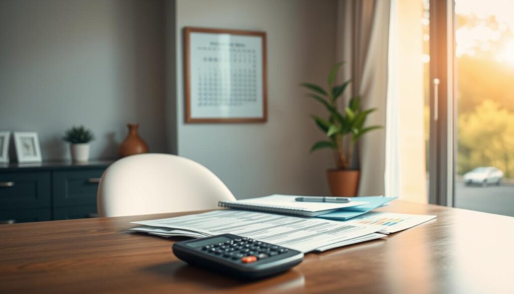 A tranquil home office scene, bathed in warm, natural lighting from a large window. On the desk, a laptop, some financial documents, and a calculator, symbolizing the act of managing shared finances. In the background, a framed artwork or wall calendar adds a touch of personal style. The overall atmosphere conveys a sense of focus, organization, and partnership - the key elements of effective financial management within a relationship.