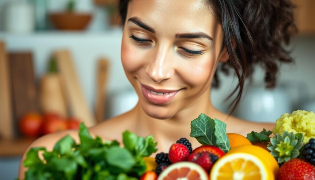 A close-up image of a healthy, glowing female face, with a focus on the skin. The lighting is soft and diffused, creating a warm, natural atmosphere. In the middle ground, a variety of fresh, vibrant fruits and vegetables are arranged, including leafy greens, berries, and citrus fruits. The background is blurred, but suggests a kitchen or dining setting, hinting at the connection between diet and skin health. The overall composition emphasizes the symbiotic relationship between the skin's appearance and the nourishment provided by a balanced, nutrient-rich diet.