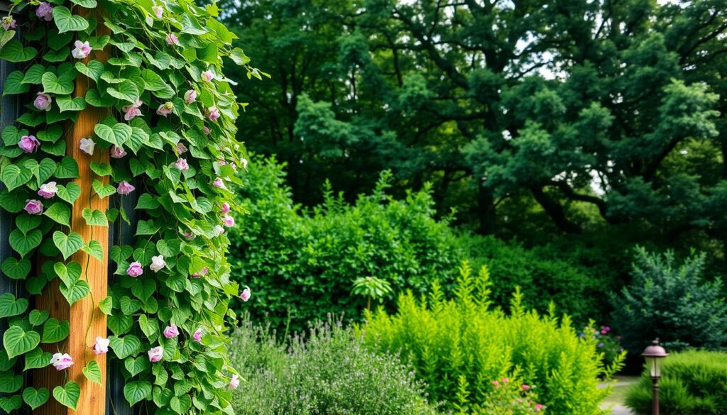A lush, verdant oasis adorns the fence, a tapestry of vibrant foliage cascading gracefully. In the foreground, delicate vines with heart-shaped leaves cling to the wooden posts, their tendrils reaching skyward. Clusters of delicate flowers in shades of pink, purple, and white dot the scene, adding pops of color. The middle ground reveals a diverse array of shrubs and small trees, their branches swaying gently in a soft breeze. In the background, a dense thicket of towering trees provides a verdant backdrop, casting dappled shadows that dance across the scene. The lighting is soft and diffused, lending a serene, almost dreamlike quality to the composition. The overall impression is one of lush, natural beauty and the harmonious integration of vegetation and structure.