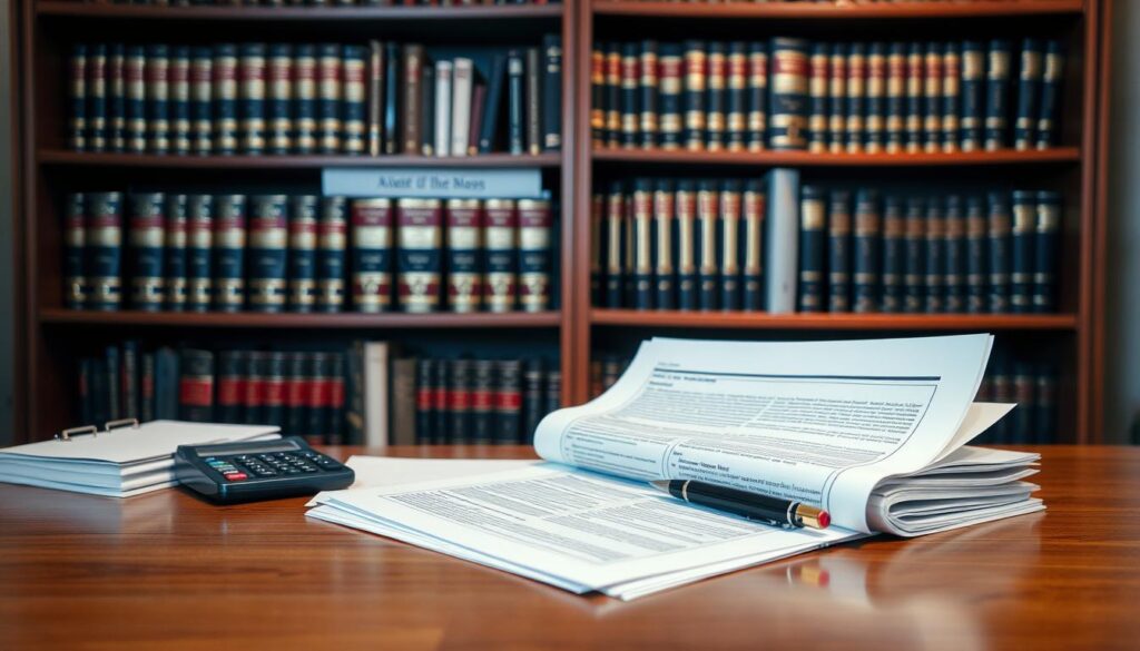 A neatly organized desk with a stack of financial documents, a pen, and a calculator, illuminated by warm, diffused lighting. In the background, a bookshelf filled with legal and financial textbooks, casting a scholarly atmosphere. The scene conveys a sense of careful deliberation and attention to detail, reflecting the complexities of navigating credit agreements.