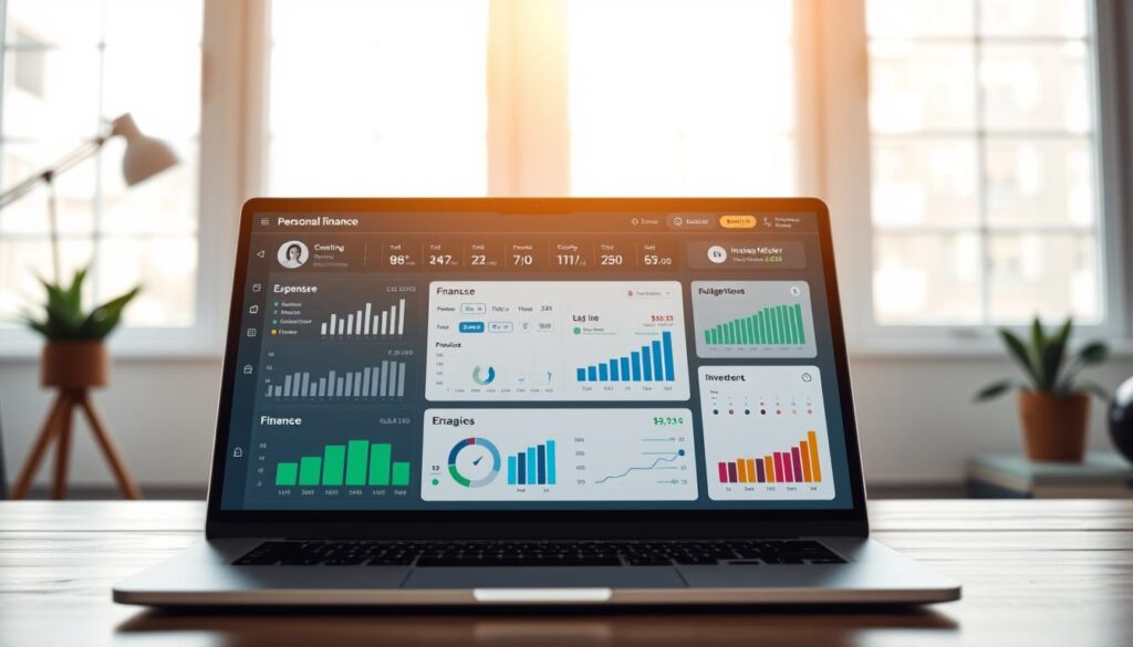 A neatly organized personal finance dashboard displayed on a sleek laptop. The foreground features various financial data visualizations such as graphs, charts, and expense trackers. The middle ground showcases intuitive financial planning tools, budgeting apps, and investment portfolio management interfaces. The background depicts a minimalist, modern home office setting with natural lighting filtering through large windows, creating a calming, productive atmosphere. The overall scene conveys a sense of control, clarity, and empowerment in managing one's personal finances.