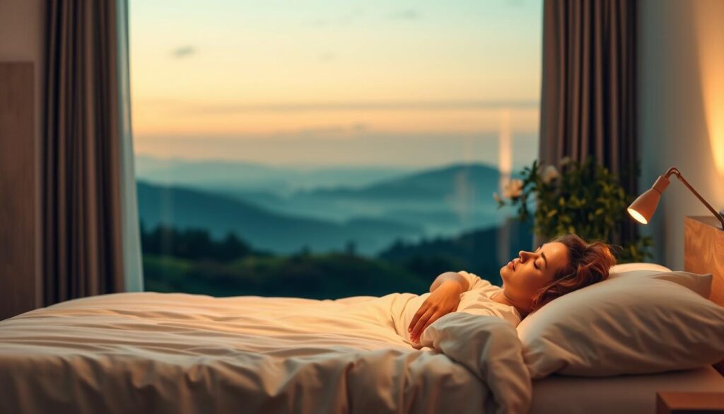 A peaceful, serene bedroom setting, with a comfortable bed in the foreground, soft lighting, and a calming, minimalistic decor. In the middle ground, a person sleeping peacefully, their expression serene and relaxed. The background features a soothing, nature-inspired landscape, with calming shades of green and blue, and subtle hints of a night sky. The overall mood is one of tranquility and restoration, conveying the importance of healthy, restorative sleep for one's well-being.