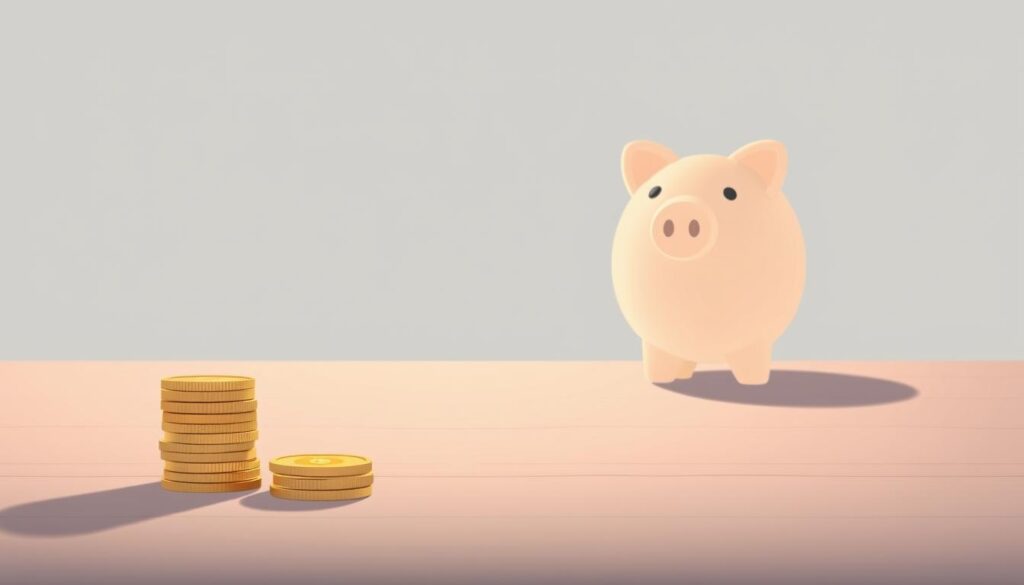 A serene and minimalist illustration of the concept of saving and personal finance. In the foreground, a stack of gold coins sits atop a wooden table, casting a warm glow. In the middle ground, a stylized piggy bank stands proud, its ceramic surface smooth and inviting. The background features a tranquil, muted palette of soft grays and blues, evoking a sense of calm and thoughtfulness. The lighting is soft and diffused, creating a contemplative atmosphere. The overall composition is balanced and harmonious, reflecting the careful and disciplined nature of saving money.