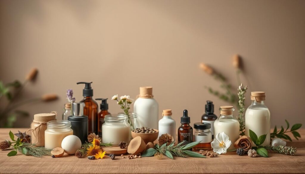 A serene still life showcasing an array of natural skincare products on a wooden table. In the foreground, an assortment of jars, bottles, and organic ingredients such as herbs, flowers, and essential oils are artfully arranged. The middle ground features a subtle backdrop of soft, diffused lighting, casting a warm, inviting glow. In the background, a minimalist, earthy-toned setting suggests a tranquil, spa-like atmosphere. The overall composition evokes a sense of simplicity, purity, and the harmony between nature and wellness.