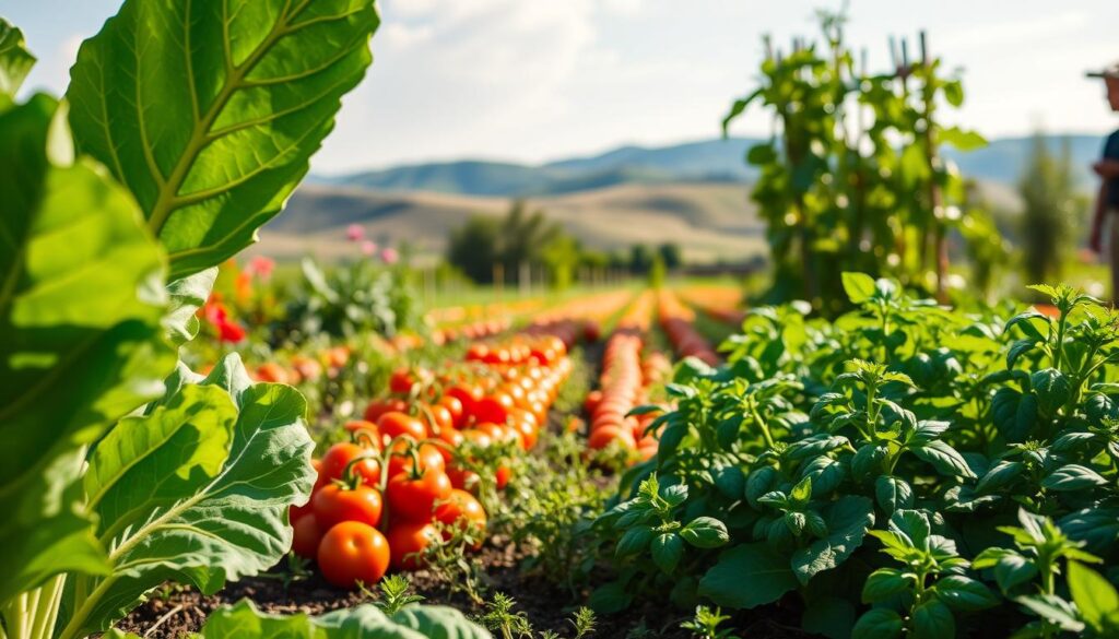 A vibrant, sun-dappled garden filled with a variety of flourishing vegetables, herbs, and flowers. In the foreground, a lush green leafy kale plant stands proud, its nutrient-rich leaves shimmering. In the middle ground, rows of plump, colorful tomatoes, crisp carrots, and fragrant basil plants create a bountiful harvest. The background is a soft, blurred landscape of rolling hills and a cloudless azure sky, radiating a sense of tranquility and well-being. The lighting is warm and natural, casting a gentle glow over the entire scene. The overall atmosphere evokes a feeling of health, vitality, and the joyful connection between people and the earth.