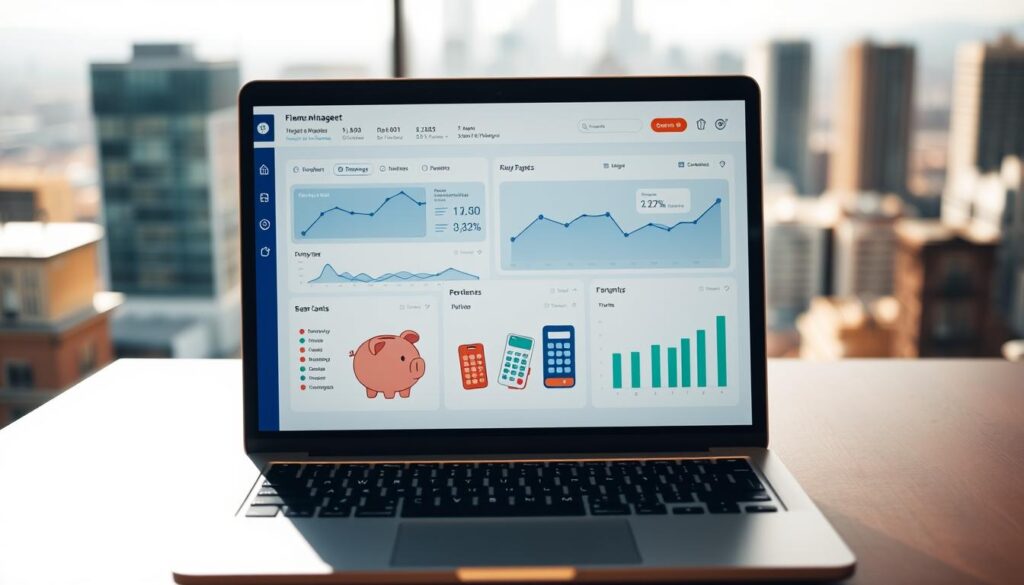 A financial management dashboard displayed on a sleek, minimalist laptop screen. The foreground shows a clean interface with charts, graphs, and key financial metrics. The middle ground features a stylized piggy bank, a calculator, and other financial icons. The background depicts a blurred cityscape, symbolizing the broader economic landscape. The scene is bathed in warm, focused lighting, creating a sense of professionalism and control. The overall atmosphere conveys a feeling of financial mastery and strategic decision-making.