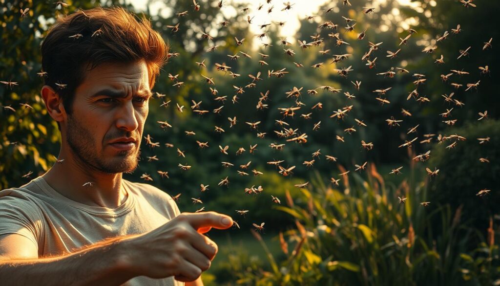 A lush garden backdrop, overrun with a swarm of mosquitoes hovering menacingly around a person's exposed skin. The foreground features a frustrated individual swatting at the pests, their face a mask of annoyance. Soft, warm lighting casts long shadows, creating an atmosphere of summer evening unease. The middle ground depicts the garden in disarray, overgrown foliage and weeds, suggesting a lack of maintenance that has allowed the mosquito population to thrive. An ominous, hazy quality permeates the scene, conveying the persistent, irritating nature of the mosquito problem. The overall mood is one of aggravation and the need for effective solutions to this common outdoor nuisance.