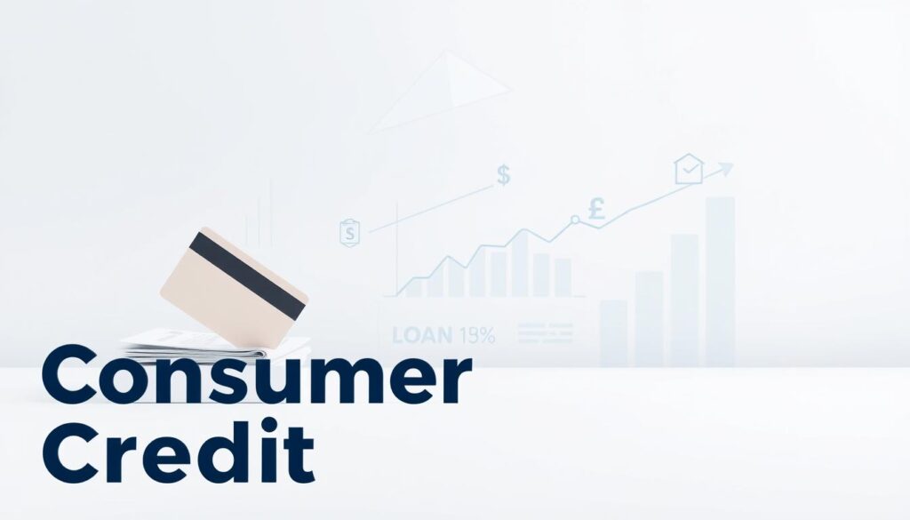 A modern consumer credit concept with sleek typography and minimalist design. In the foreground, a stylized arrangement of credit cards, loan documents, and financial symbols against a clean, light-colored background. The middle ground features a simple yet impactful visualization of growth charts, currency symbols, and lending data, all rendered in a cool, muted color palette. The background subtly suggests the idea of financial security and stability, with soft gradients and geometric patterns. The overall composition conveys a sense of professionalism, accessibility, and the practical benefits of consumer credit.