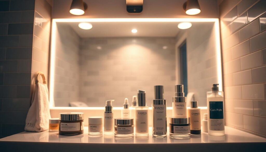 A serene bathroom scene showcasing the daily skincare routine. In the foreground, a sleek vanity holds an array of luxurious skin care products, including moisturizers, serums, and cleansers. The middle ground features a minimalist, well-lit mirror, casting a warm glow over the scene. In the background, a calming tiled wall creates a soothing, spa-like atmosphere. Soft, diffused lighting from overhead fixtures illuminates the space, highlighting the careful arrangement of the products. The overall composition conveys a sense of tranquility and intentionality, reflecting the importance of a consistent, mindful self-care ritual.