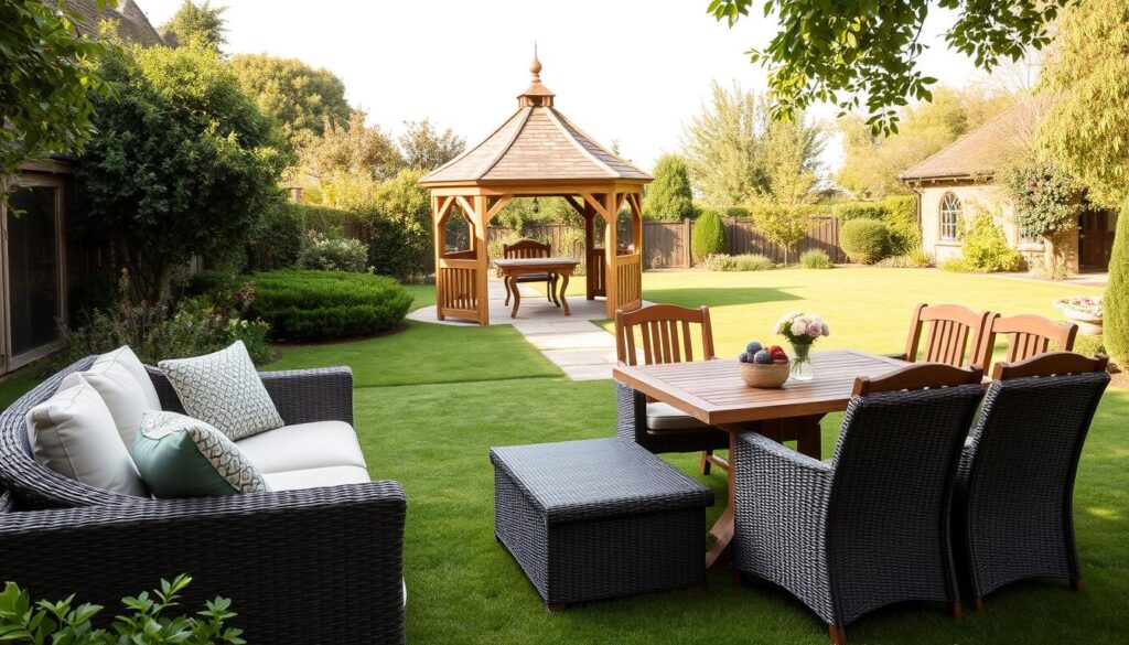 A tranquil outdoor setting, showcasing a tasteful arrangement of high-quality garden furniture. In the foreground, a comfortable wicker sofa and chairs invite relaxation, their neutral tones blending seamlessly with the lush greenery surrounding them. In the middle ground, a sturdy wooden dining table and chairs stand ready for alfresco meals, their craftsmanship and attention to detail evident. In the background, a neatly manicured lawn leads the eye towards a charming garden gazebo, its ornate structure adding a touch of elegance. The scene is bathed in warm, natural lighting, casting gentle shadows and highlighting the textures of the materials. The overall atmosphere exudes a sense of comfort, relaxation, and the value of investing in durable, high-quality outdoor furnishings.