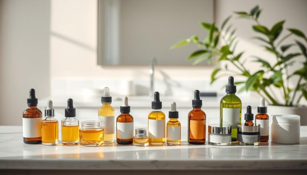 A tranquil, serene scene of skincare and wellness. In the foreground, an array of glass jars and bottles filled with nourishing oils, creams, and serums, arranged on a marble countertop. The middle ground features a clean, minimalist vanity with a mirror, diffused lighting creating a soft, calming glow. In the background, a lush, verdant plant complements the soothing color palette. The overall atmosphere exudes a sense of relaxation and mindful self-care, inviting the viewer to embark on a journey of facial skincare and rejuvenation.