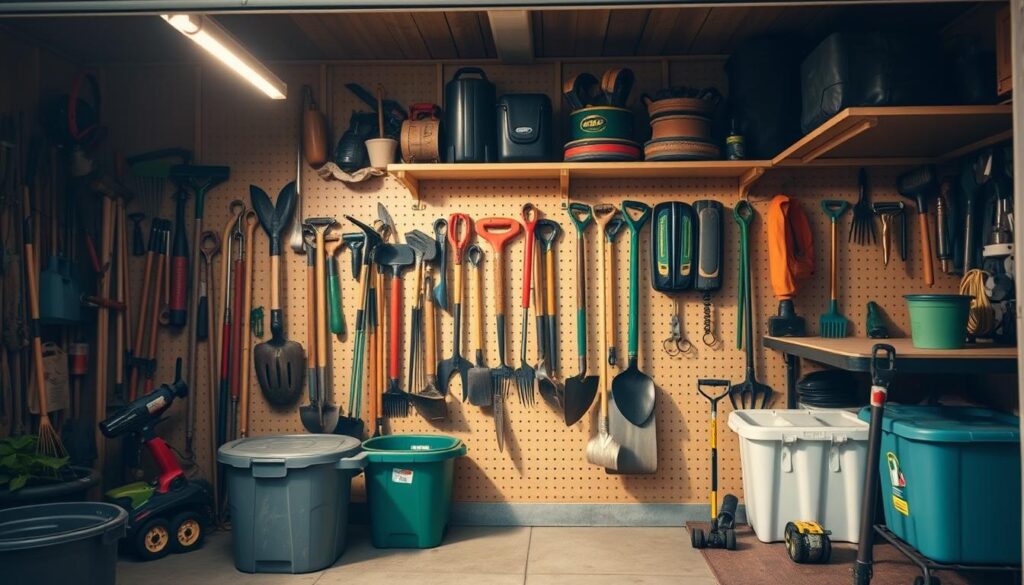 A well-organized garage or shed with a variety of gardening tools neatly arranged on pegboards, shelves, and storage bins. The tools are clearly visible and easily accessible, with their shapes and colors creating a visually appealing display. Soft, warm lighting illuminates the scene, highlighting the efficient use of space and the care taken to maintain these essential gardening implements. The overall atmosphere conveys a sense of order, productivity, and the satisfaction that comes from having a well-organized workspace.