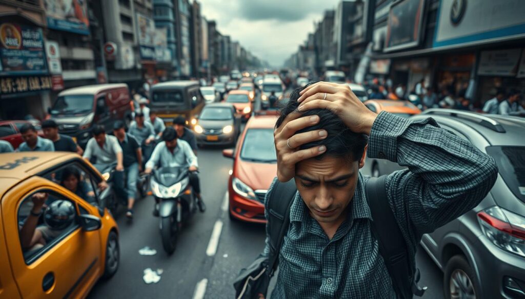 A crowded city street, traffic snarls and pedestrians hurry, their faces tense with worry. In the foreground, a person clutches their head, overwhelmed by the cacophony of horns, sirens, and the constant demands of modern life. The scene is bathed in a hazy, muted palette, creating a sense of exhaustion and emotional strain. Subtle details, like litter on the ground and a dark, ominous sky, reinforce the feelings of stress and anxiety that permeate the everyday urban experience. Captured through a wide-angle lens, the composition emphasizes the individual's isolation and vulnerability amidst the chaos of the city.