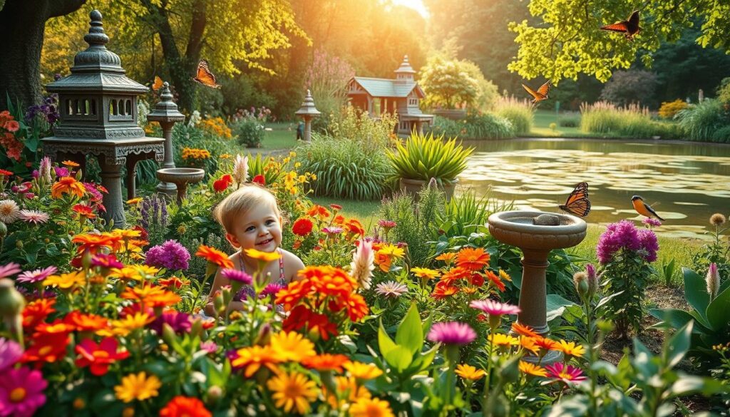 A lush, vibrant garden filled with a diverse array of plants and wildlife. In the foreground, a child sitting among colorful flowers, their face filled with wonder and delight. Nearby, a bird bath attracts a variety of feathered visitors, each adding to the symphony of life. In the middle ground, a butterfly flutters gracefully, its delicate wings catching the soft, warm sunlight that filters through the canopy of trees. In the background, a serene pond reflects the surrounding greenery, creating a calming, natural ambiance. The scene exudes a sense of harmony and balance, showcasing the benefits of a garden that welcomes both children and animals.