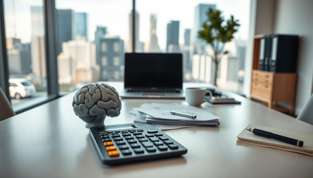 A sleek, modern office setting with clean lines and minimalist decor. In the foreground, a calculator, a few financial documents, and a stylized brain icon, symbolizing the interplay between finance and psychology. The middle ground features a sophisticated desk setup with a laptop, a cup of coffee, and a few carefully placed office supplies. The background has a blurred view of a large window overlooking a bustling city skyline, conveying a sense of urban professionalism. The lighting is soft and warm, creating a contemplative atmosphere. The overall scene reflects the concept of "financial psychology" - the intersection of money management and human behavior.