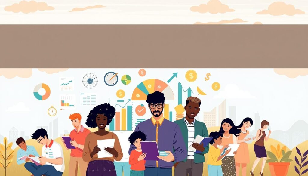 A vibrant, visually compelling illustration depicting the introduction to finance. In the foreground, a group of diverse individuals, both adults and children, engaged in various financial activities - calculating budgets, studying investment portfolios, and discussing money management strategies. The middle ground showcases a stylized representation of financial concepts, such as pie charts, bar graphs, and currency symbols, all rendered in a warm, educational color palette. In the background, a city skyline or a serene natural setting, conveying a sense of stability and growth. The overall composition should be dynamic, with a balance of informative elements and a welcoming, accessible tone to engage the viewer in the subject of financial education.
